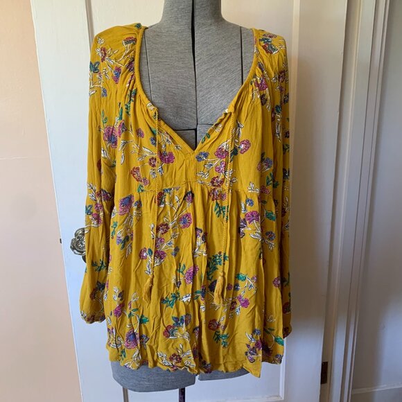 Old Navy Mustard Yellow Floral Puff Sleeve Boho Peasant Blouse XXL Tie Neck - Picture 1 of 6